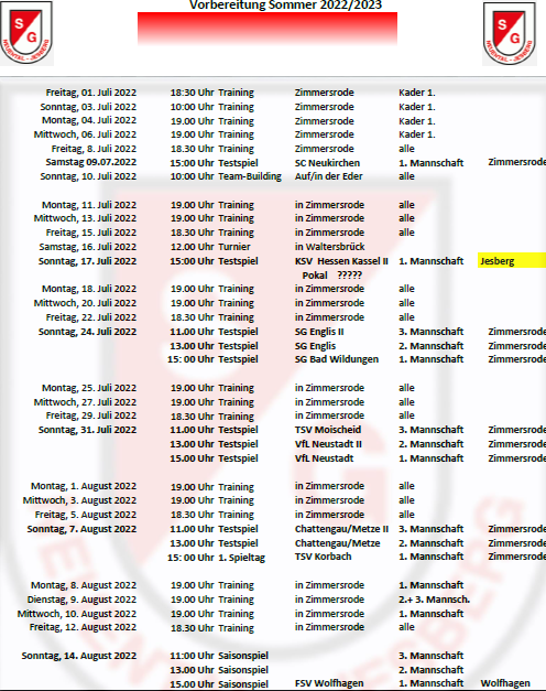 Trainingsplan Sommer 22